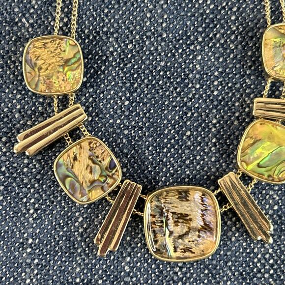 Abalone Slide Bead Necklace Gold Tone Boho 16” With 3” Extender Double Chain - Picture 9 of 10